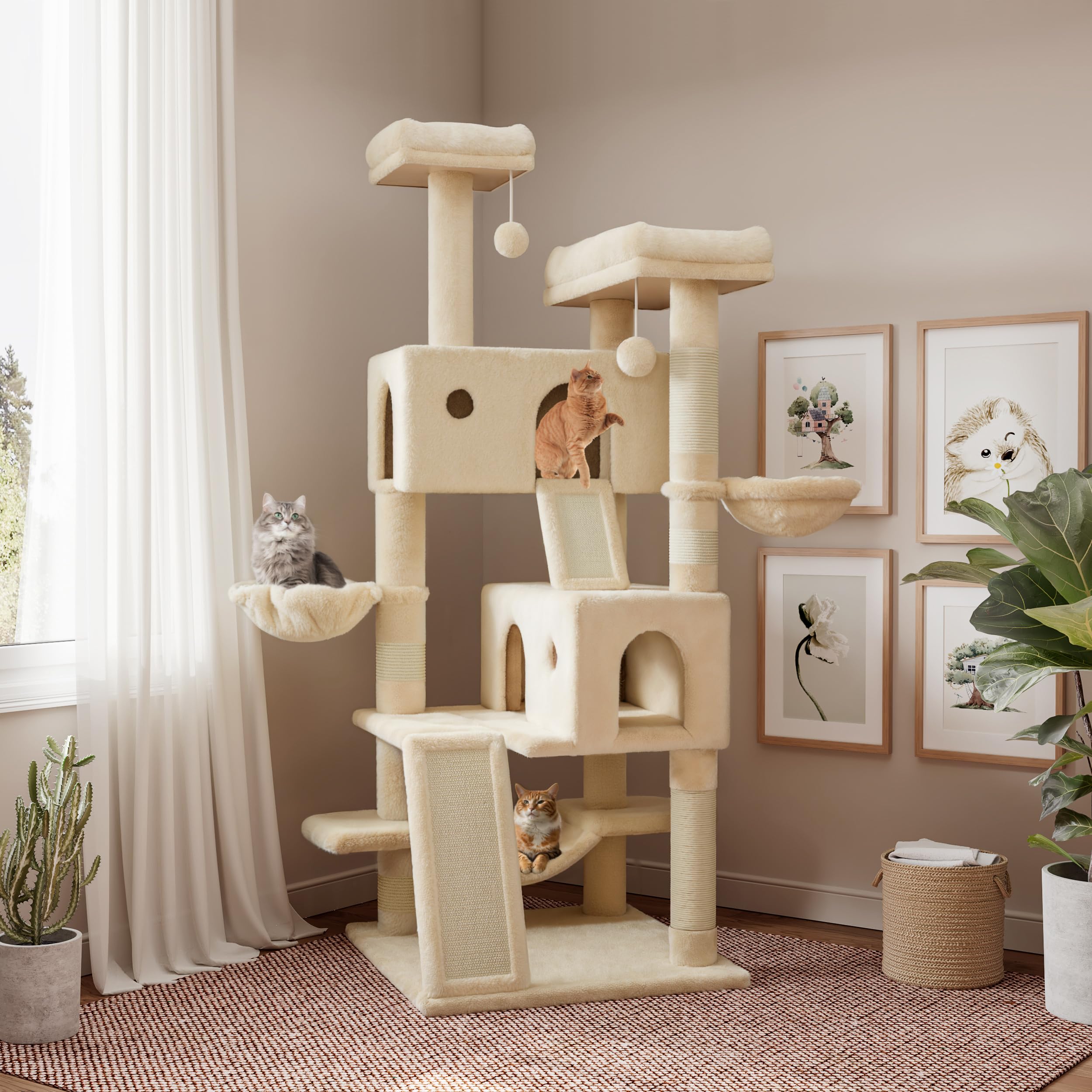 SHA CERLIN 65in Larger Cat Tree Tower Condo for Indoor Kitties/Multi-Level Furniture Activity Center with Wide Base/Cozy Plush Cat Perches/Baskets/Sisal Scratching Posts and Hammock/Beige Image