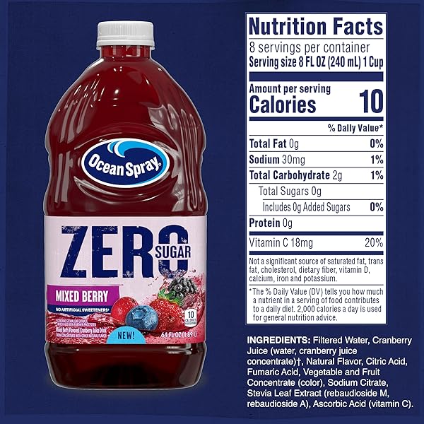 OCEAN SPRAY® ZERO SUGAR MIXED BERRY JUICE DRINK, CRANBERRY JUICE DRINK SWEETENED WITH STEVIA, 64 FL OZ BOTTLE