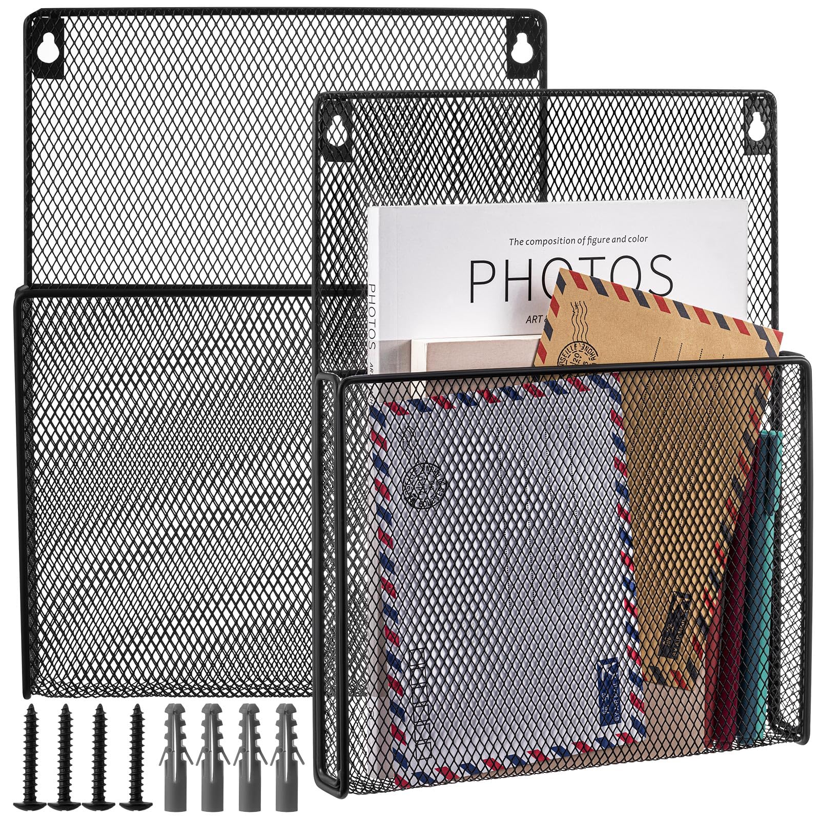 Photo 1 of 2 Pack High Pocket Storage Racks Metal Wire Wall Mounted Magazine Holder Wall Hanging Organizer Holder for Files, Newspapers, Magazines with Tag Slot for Office, Home Organization, Black