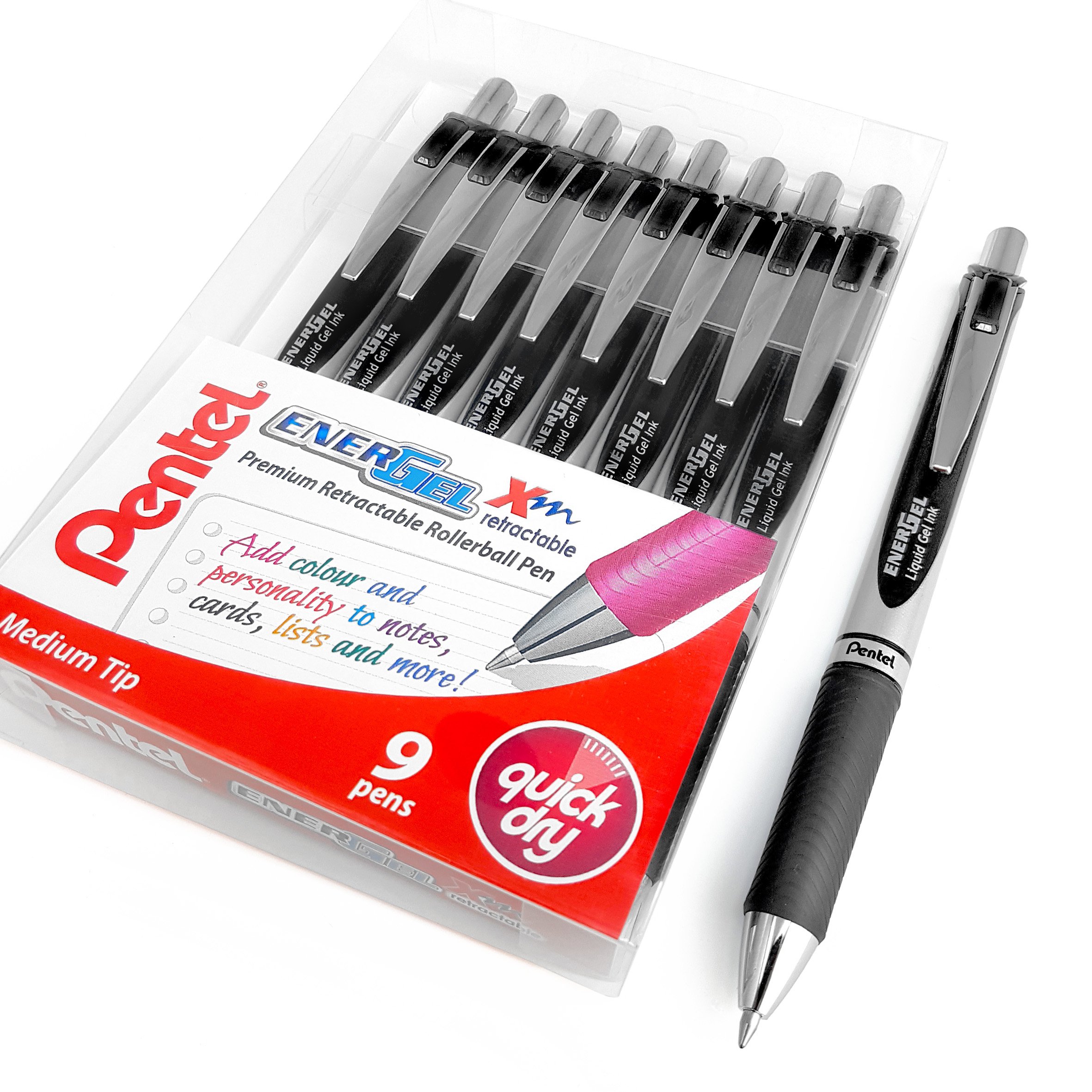 EnerGel Pentel XM BL77 - Retractable Liquid Gel Ink Pen - 0.7mm - 52% Recycled - Wallet of 9 - Black