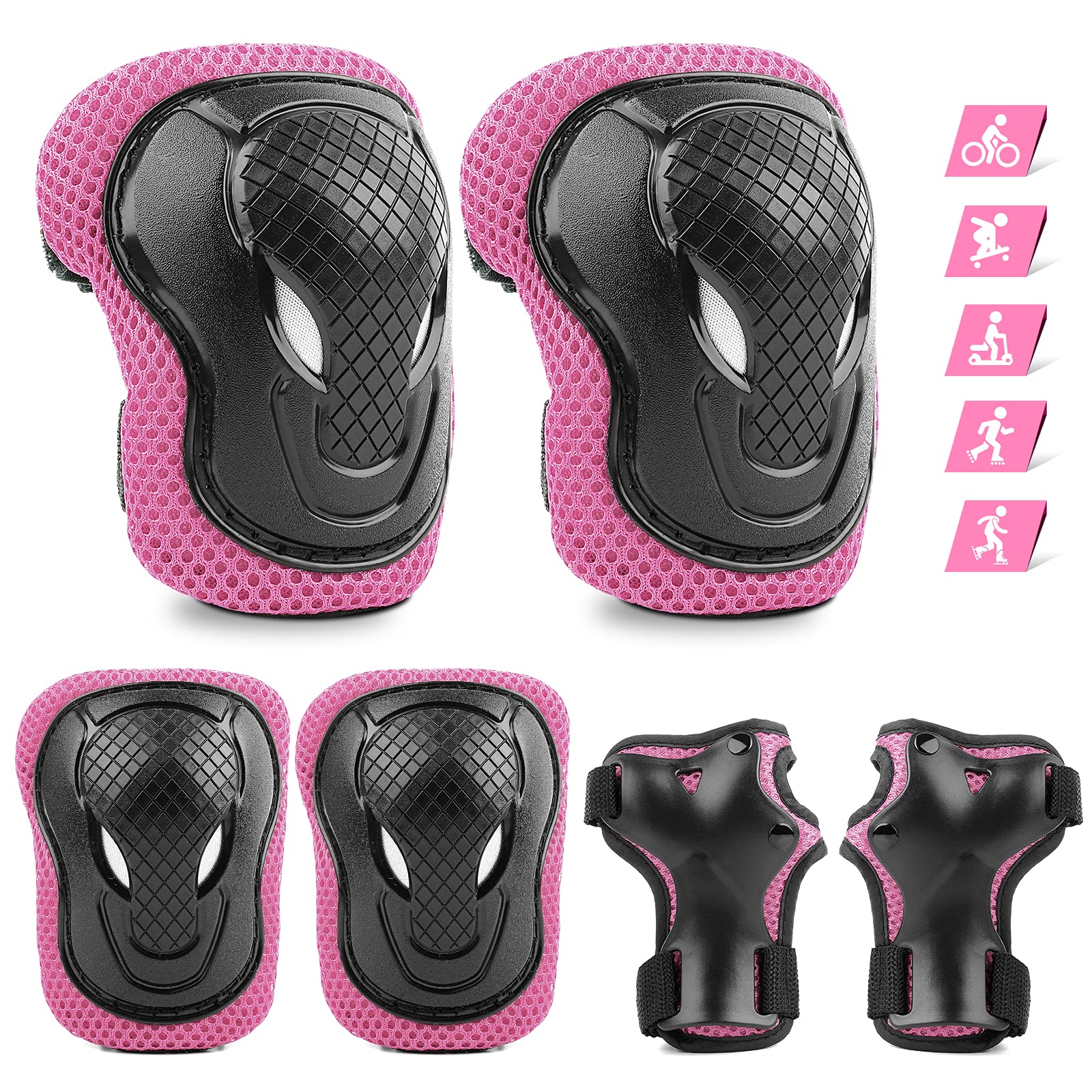 ValueTalks Kids/Youth Knee and Elbow Pads Set,Knee Pads for Kids Adjustable Protective Gear Set for Roller Skates Skateboard Scooter Inline Skating Cycling Bike Riding (Pink, M)