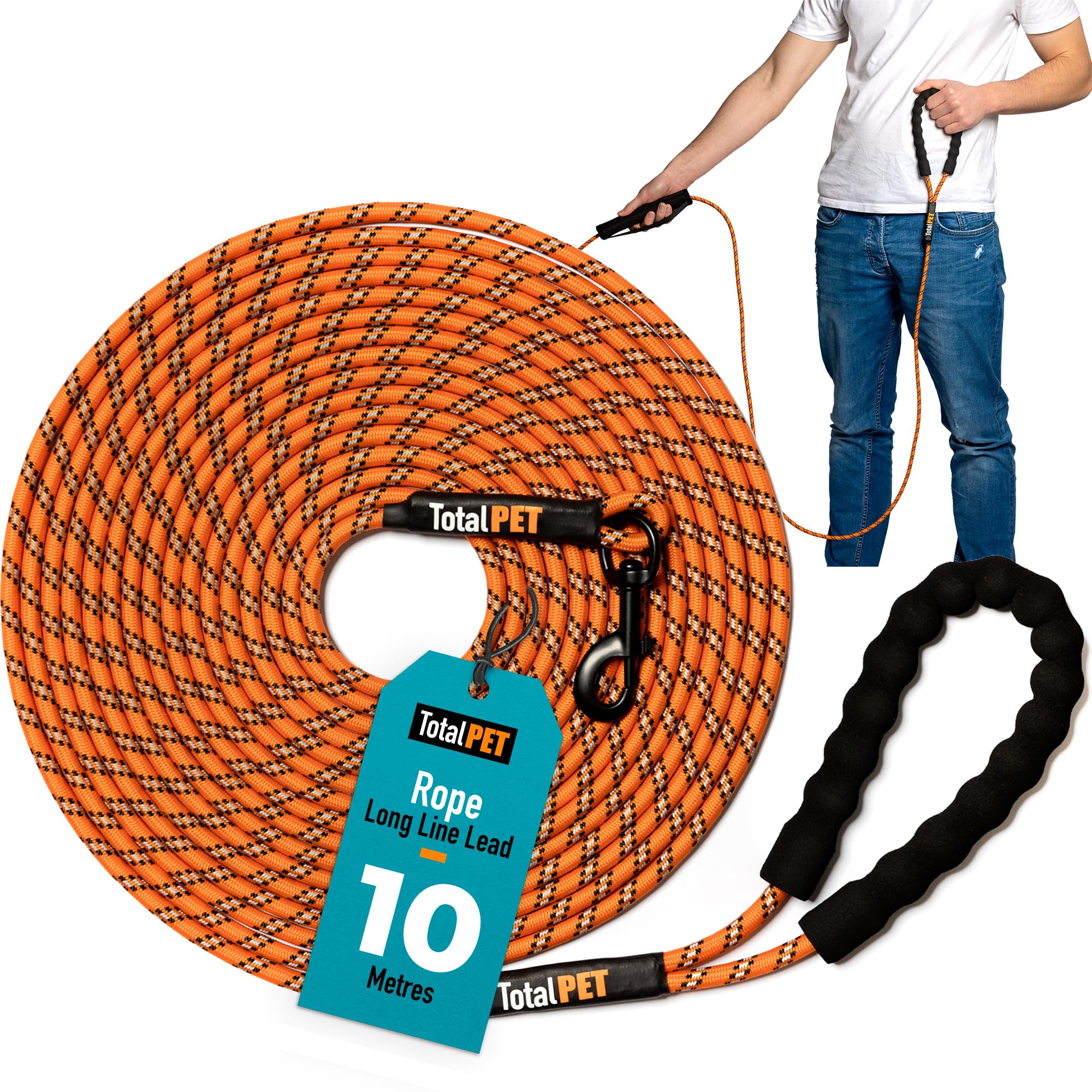 Total Pet Rope Training Lead for Dogs - Long Line Dog Lead for Training Recall & Commands at Distance W/Control Handle (10m)