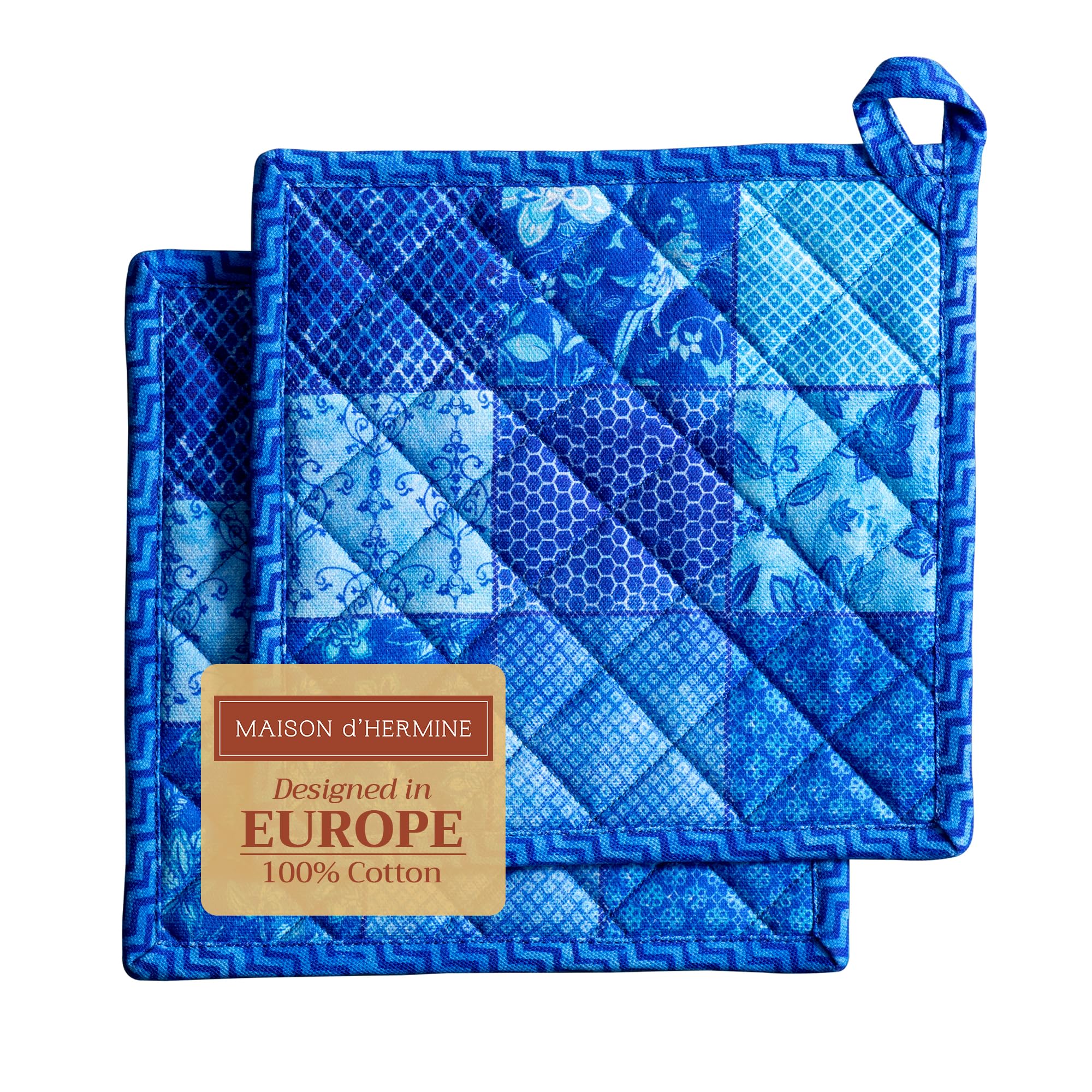 Maison d' Hermine Pot Holders Set 100% Cotton Heat Resistant Potholders 20 cm x 20 cm Hot Pads with Loop for BBQ Cooking Baking Handling Hot Pans Gifts for Mothers Day (Pack of 2, Indigo Love)