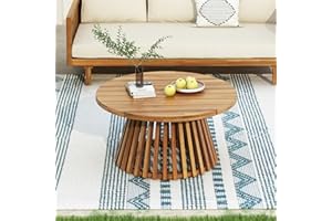 Merax Patio Outdoor Acacia Wood Round Coffee Table for Backyard, Lawn, Balcony, Teak Finish