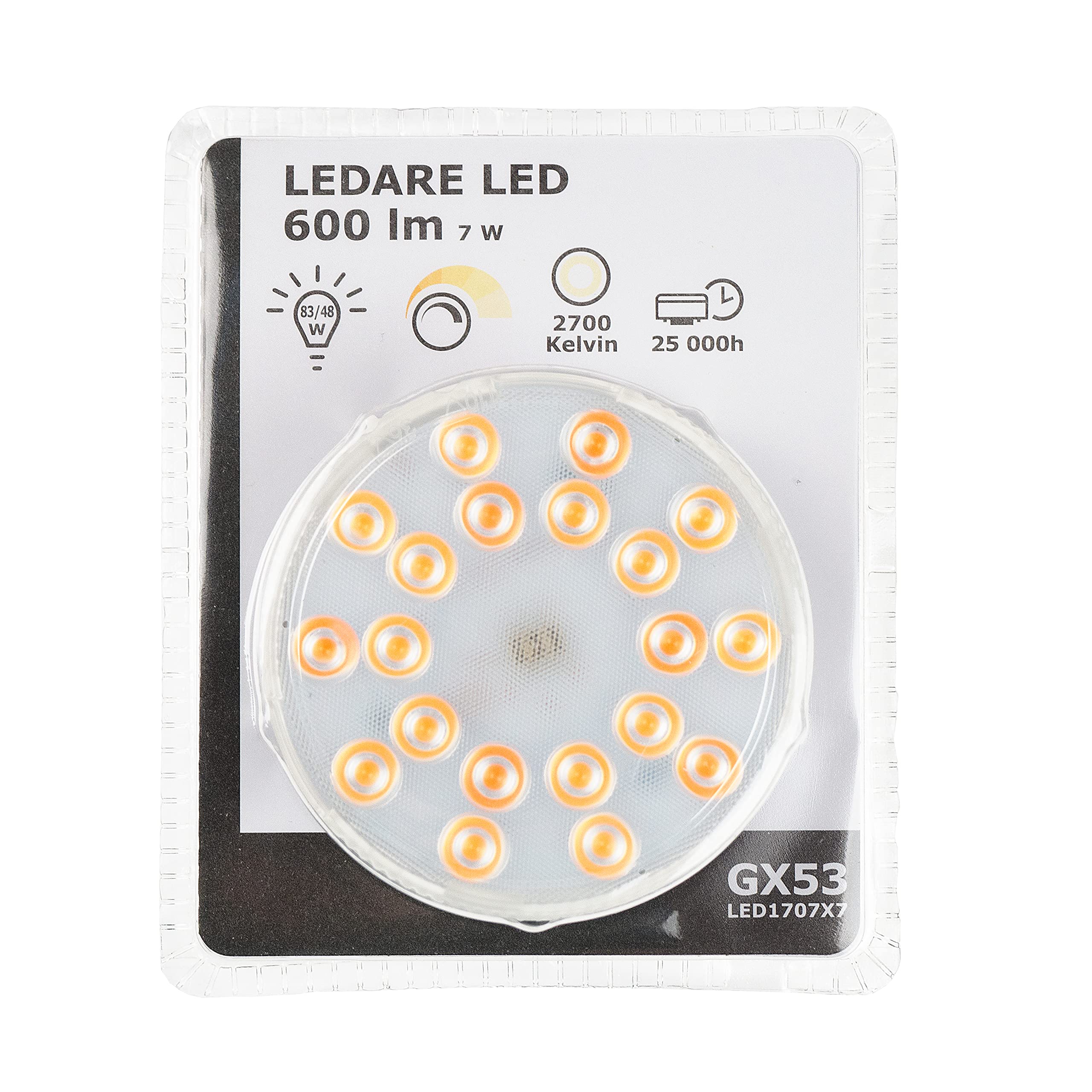 Ikea LEDARE GX53 LED Bulb, 600 Lumens, 2700 Kelvin, Warm Dimming, 36-110° Beam Angle, 7 Watts, 905.179.37, Warm White