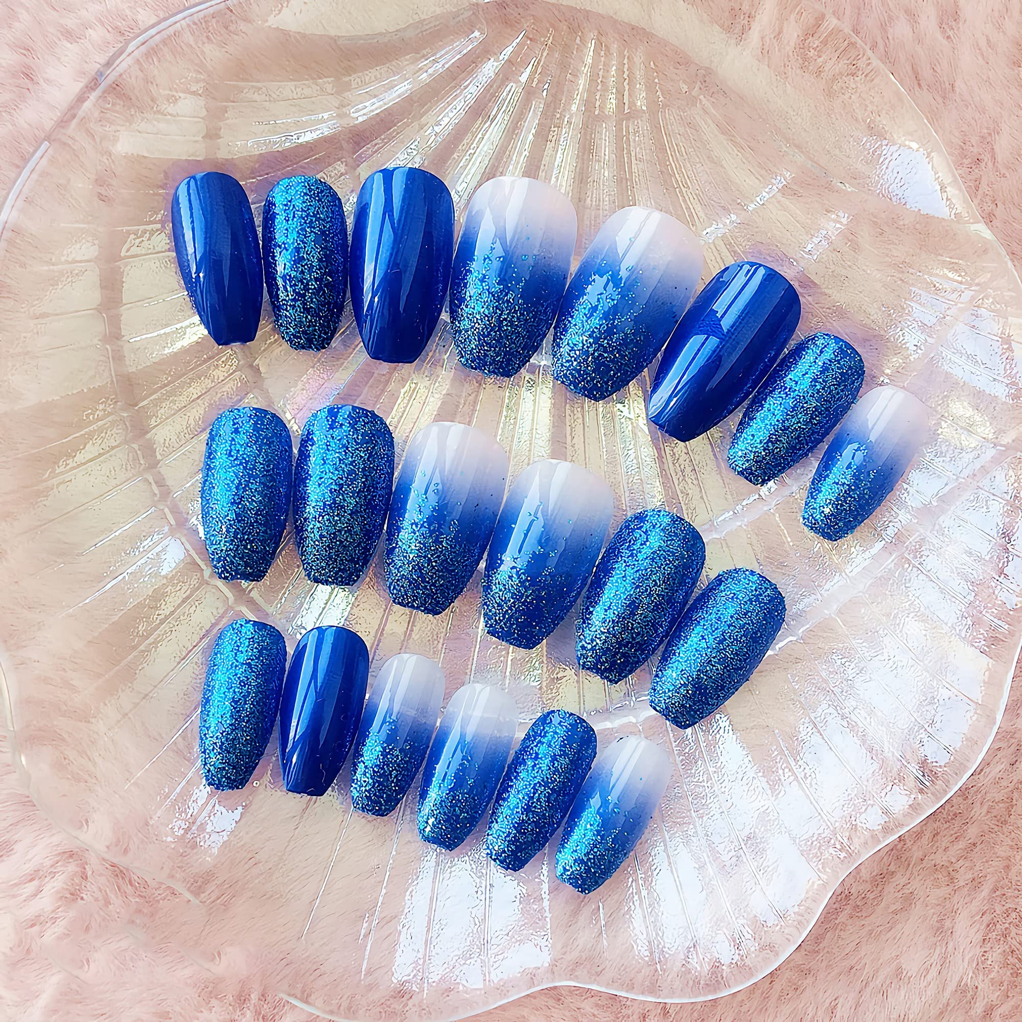 MISUD Medium Coffin Press-on Nails, Blue Ombre, Glossy Glue, Sparkly Acrylic, Bling Glitter Artificial, Ballerina False Nails with Design - 24 pcs - Image 5