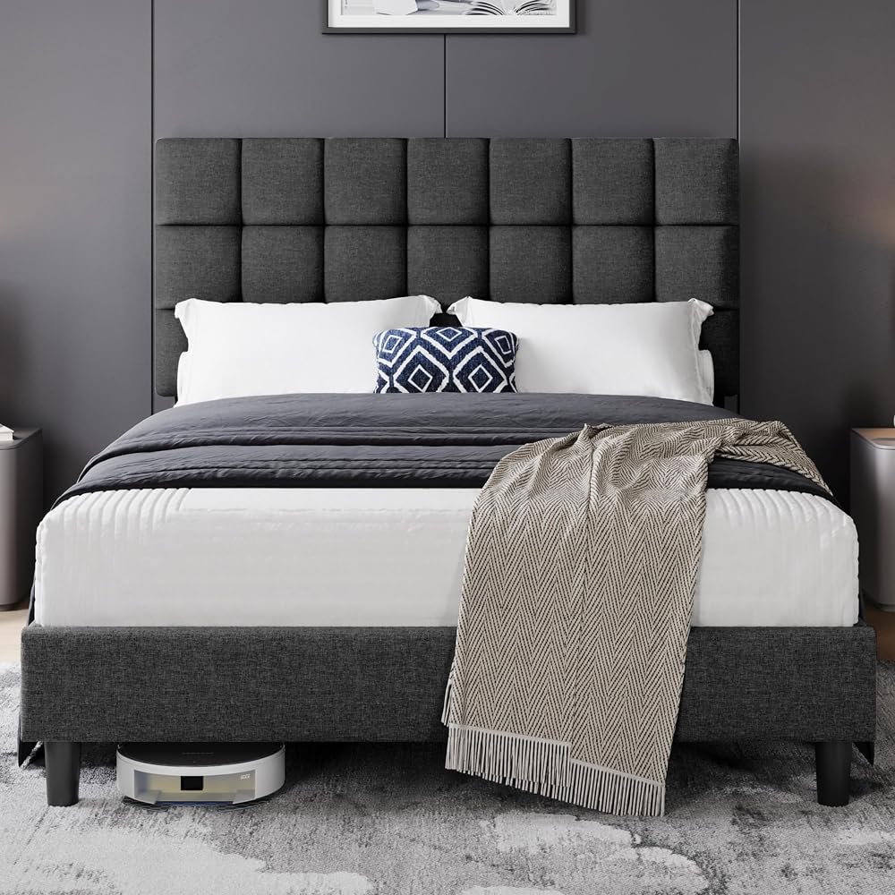 Yaheetech 5ft King Bed Frame Upholstered Platform Headboard Dark Grey