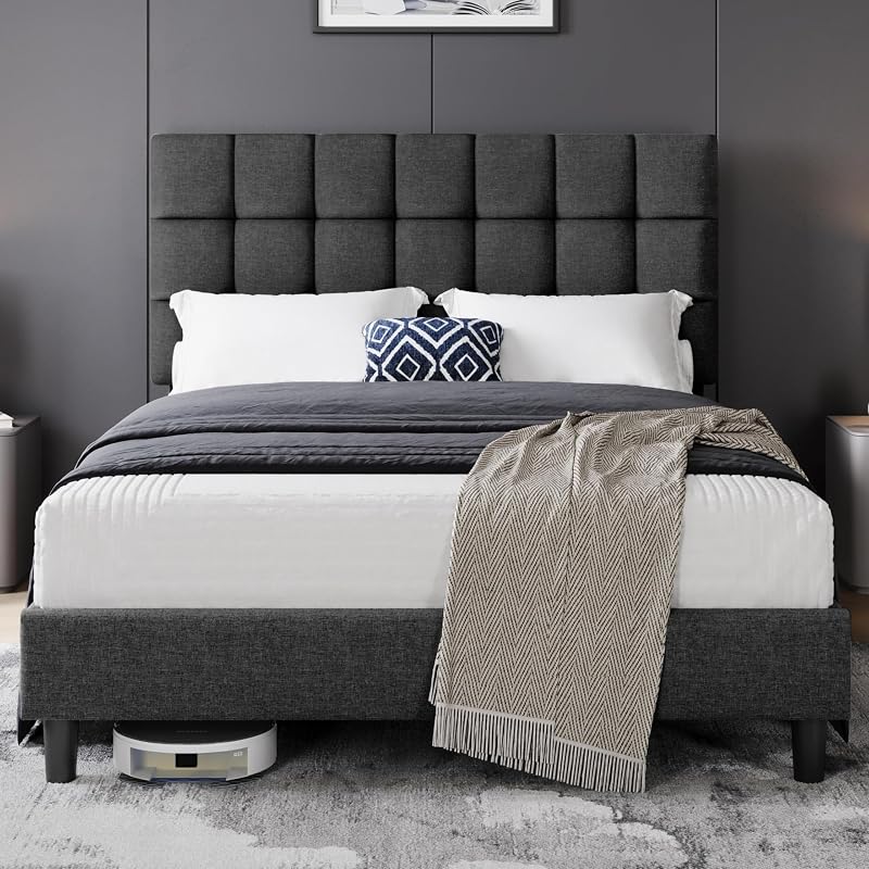 Yaheetech 5ft King Bed Frame Upholstered Platform Headboard Dark Grey