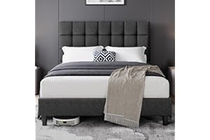 Yaheetech Upholstered Bed Frame, Platform Bed Frame with Square Tufted Fabric Headboard Height Adjustable, Wooden Slats Support, No Box Spring Needed, Dark Grey, Queen