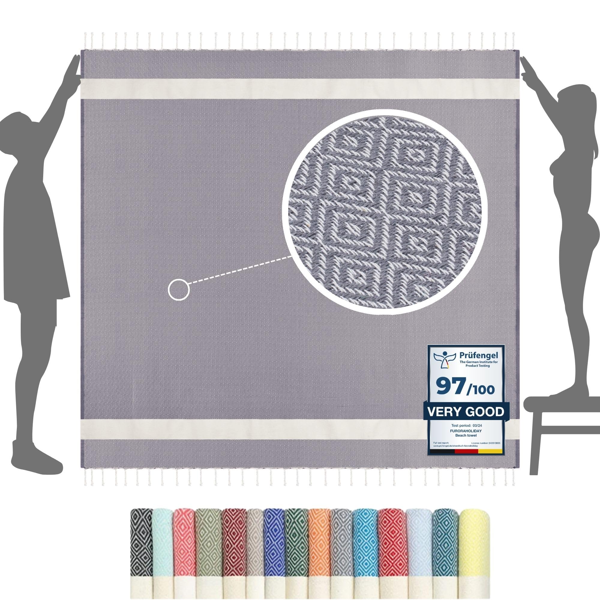 furora HOLIDAY Beach Towel XXL Extra Large OVERSIZED 200x200 cm / 79x79 Inch - cotton | Turkish Towel Fouta + Picnic Blanket | Beach Blanket, lightweight Travel Towel, Women Men Holiday Essentials