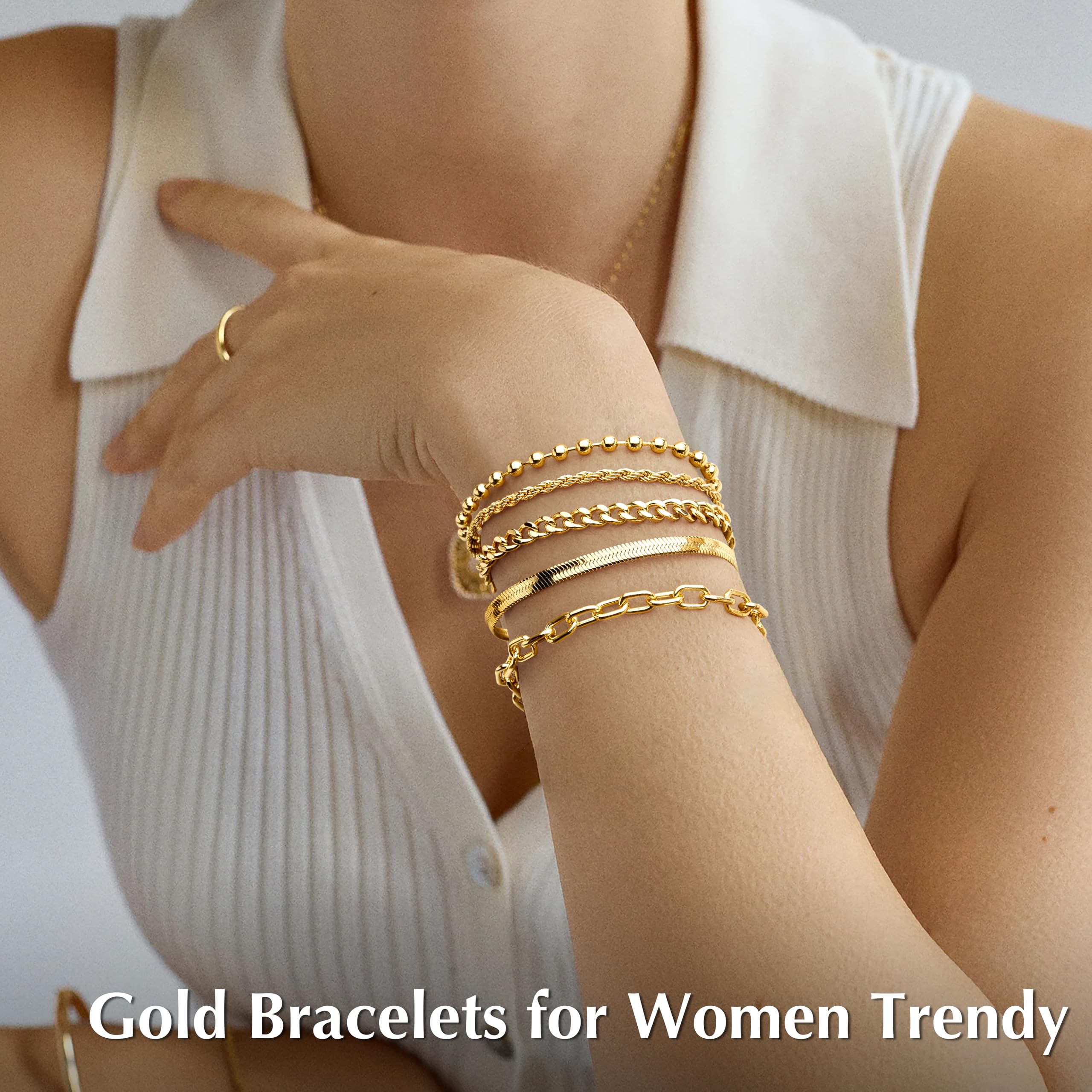 Poxtex Gold Bracelets for Women,Dainty Bracelets Set for Women Trendy, Gold Bracelets Stack With Beaded, Cuban, Paperclip, Heart, Snake, Rope, Pearl, Cross, Hand Chain, Silver Jewelry Gifts for Women