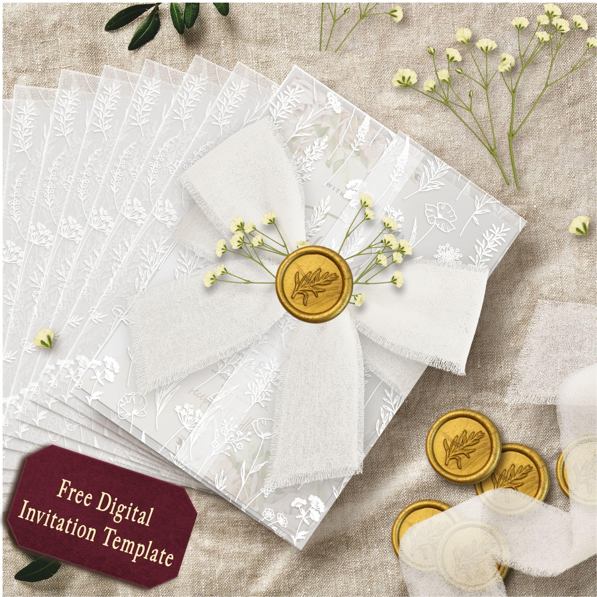 Photo 1 of Stofinity 50 Pcs DIY Wedding Invitation Kit - Wedding Invite Accessories, Prefolded Vellum Jackets for 5x7 Invitations, Vintage Wax Seals and Invitation Sleeves Silk Ribbon for Craft DIY