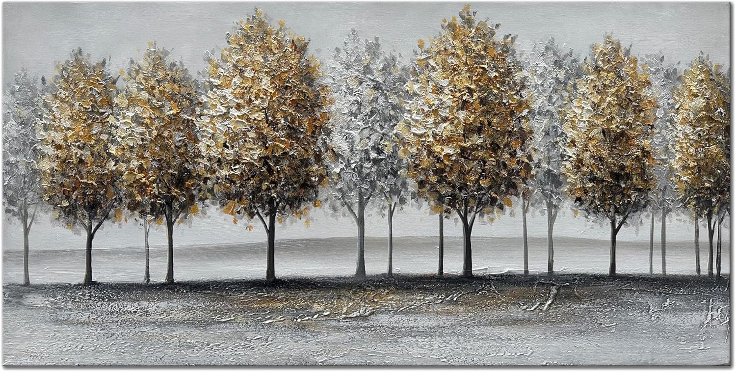 Paintings - Alenoss Handmade Metal Luster Tree Canvas Wall Art, 48x24 Inches 3D Modern Abstract Painting Contemporary Large Canvas Wall Art Texture Gold Foil Forest Artwork for Home Decorations