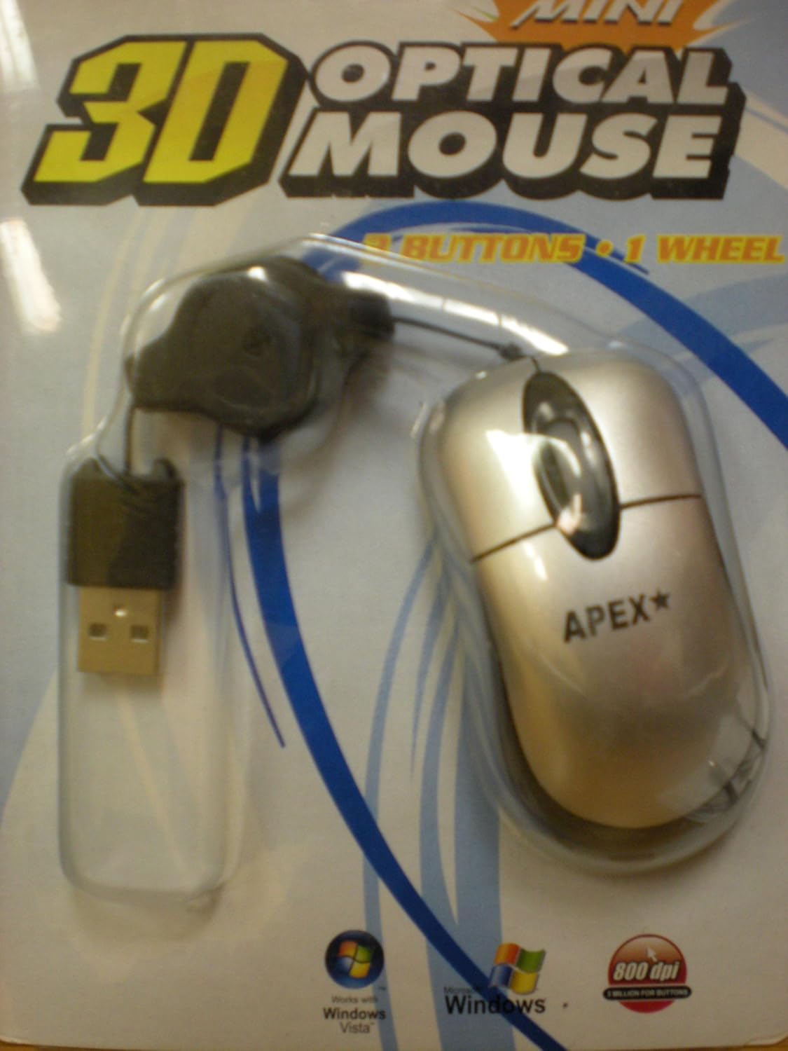 3Button USB Mini Optical Mouse w/Retractable Cord (Black