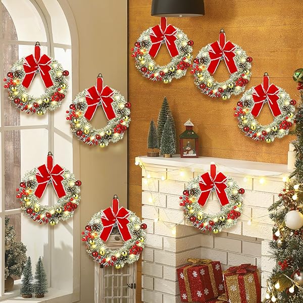 CEENNA 8 PCS LIGHTED CHRISTMAS WREATH 14 INCH PRE LIT ARTIFICIAL CHRISTMAS WREATH WITH BATTERY OPERATED LED LIGHT AND TIMER FOR XMAS FRONT DOOR OUTDOOR WINDOW HOLIDAY PARTY DECOR(RED BOW)