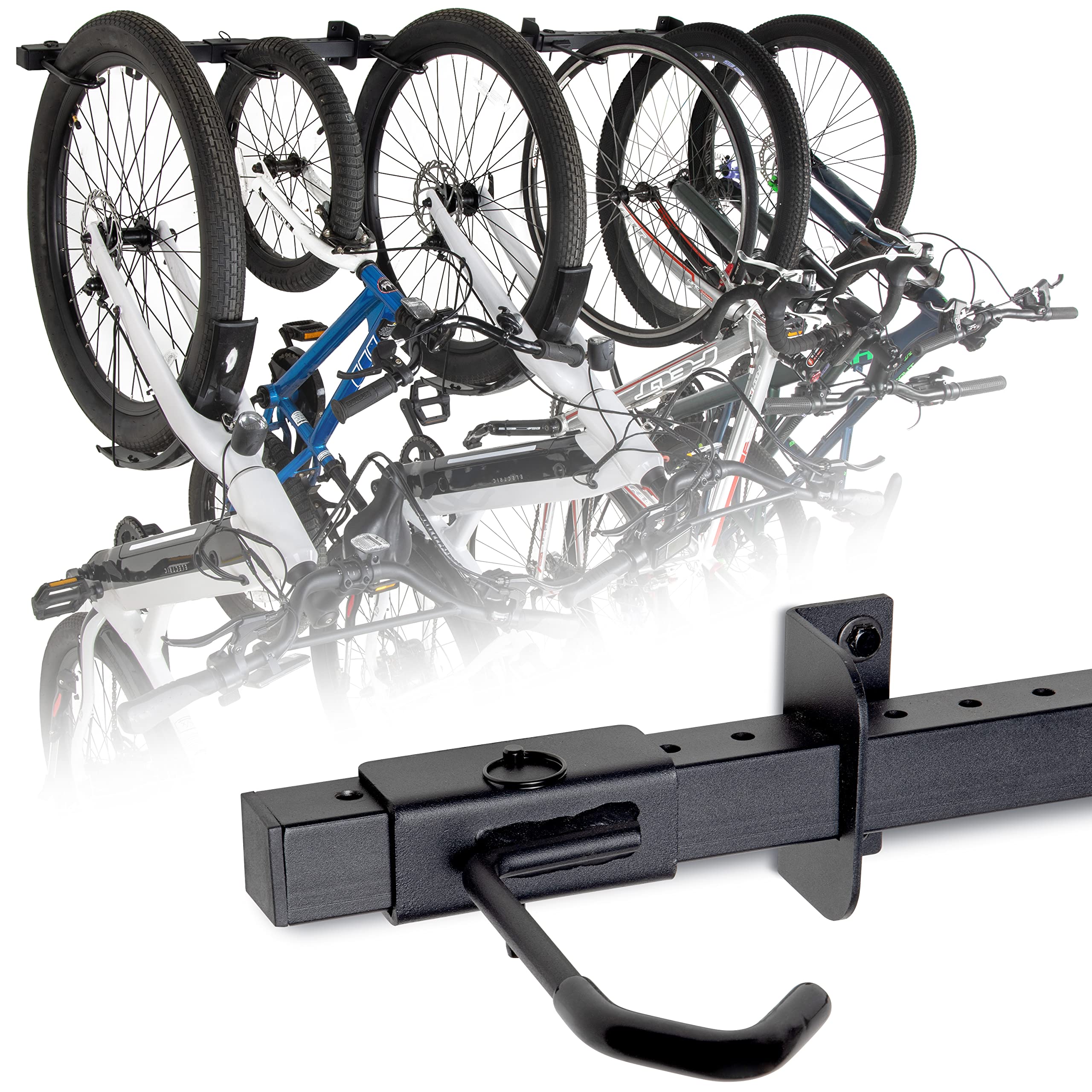 GoSports Wall Mounted Bike Rack for Garage-Vertical Storage for 4 to 6 Bicycles, Powder Steel Rubber Coated Protective Hooks, Black