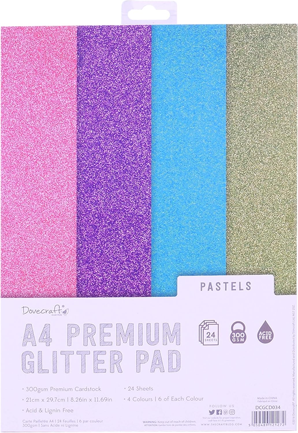 Dovecraft Glitter A4 Pad-Pastels, 24 Sheets, Non-shed, 300GSM, 4 Colours, Pink, Purple