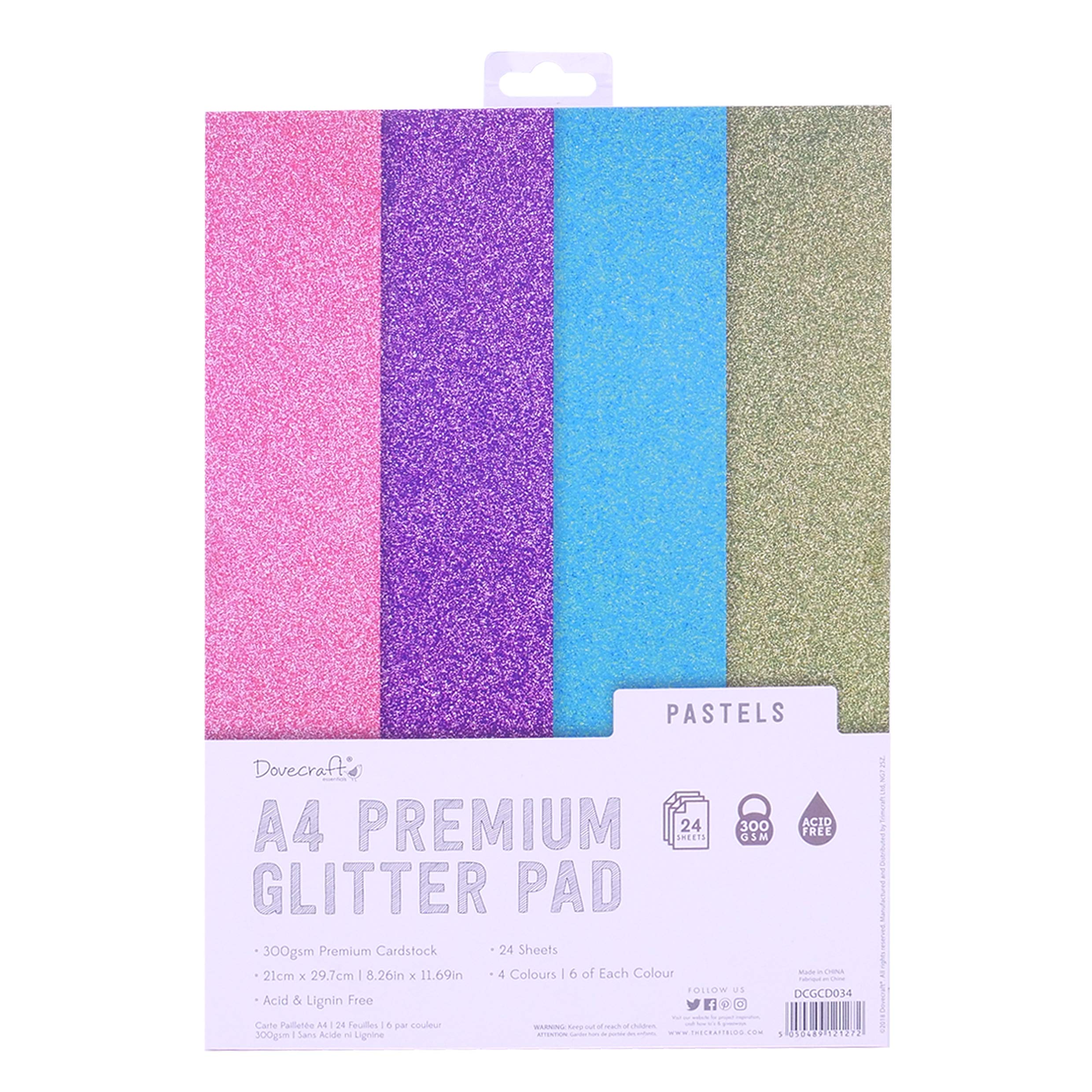 Dovecraft Glitter A4 Pad-Pastels – 24 Sheets – Non-shed – 300GSM – 4 Colours – Pink, Purple, Blue & Green-for Scrapbooking, Card Making, Home Décor, Party Crafts, Multicolour, One size