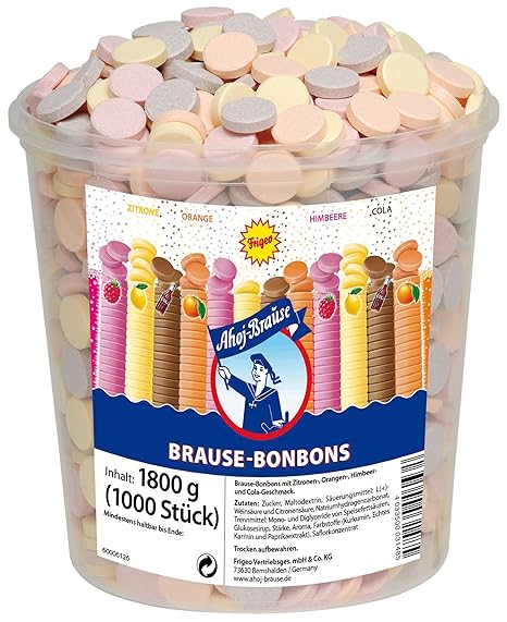 Frigeo Ahoj-Brause, Die Klassiker: runde Brause-Bonbons in den vier Geschmacksrichtungen Zitrone, Orange, Himbeere und Cola, 