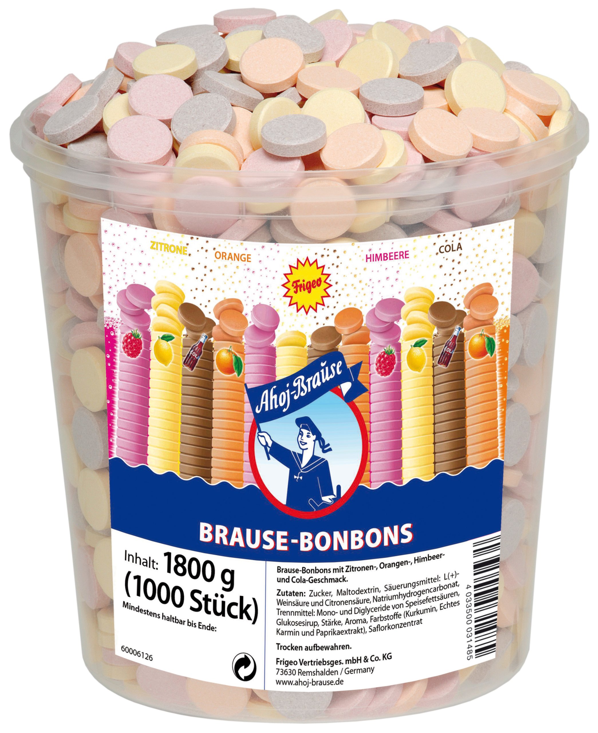 Frigeo Ahoj-Brause, Die Klassiker: runde Bonbons in den vier Geschmacksrichtungen Zitrone, Orange, Himbeere und Cola, 1000 Stück im Eimer (1,8kg) 4