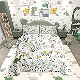 Castle Fairy Cute Dino Kids Full Size Comforter Set,Kawaii Pink Green Dinosaur Bedding Comforters Bedroom Collection,Cartoon Wildlife Floral Leaves Plant Bedding Set for Girls Teens