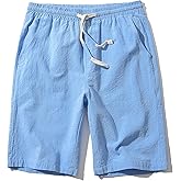 SIR7 Men's Linen Casual Classic Fit 11 Inch Inseam Elastic Waist Shorts with Drawstring