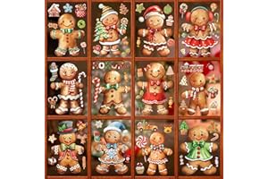 FAYOO 12 Sheets Christmas Window Clings, Xmas Gingerbread Candy Decals Stickers, Removable Holiday Decorations for Glass Windows, Home Office Decor