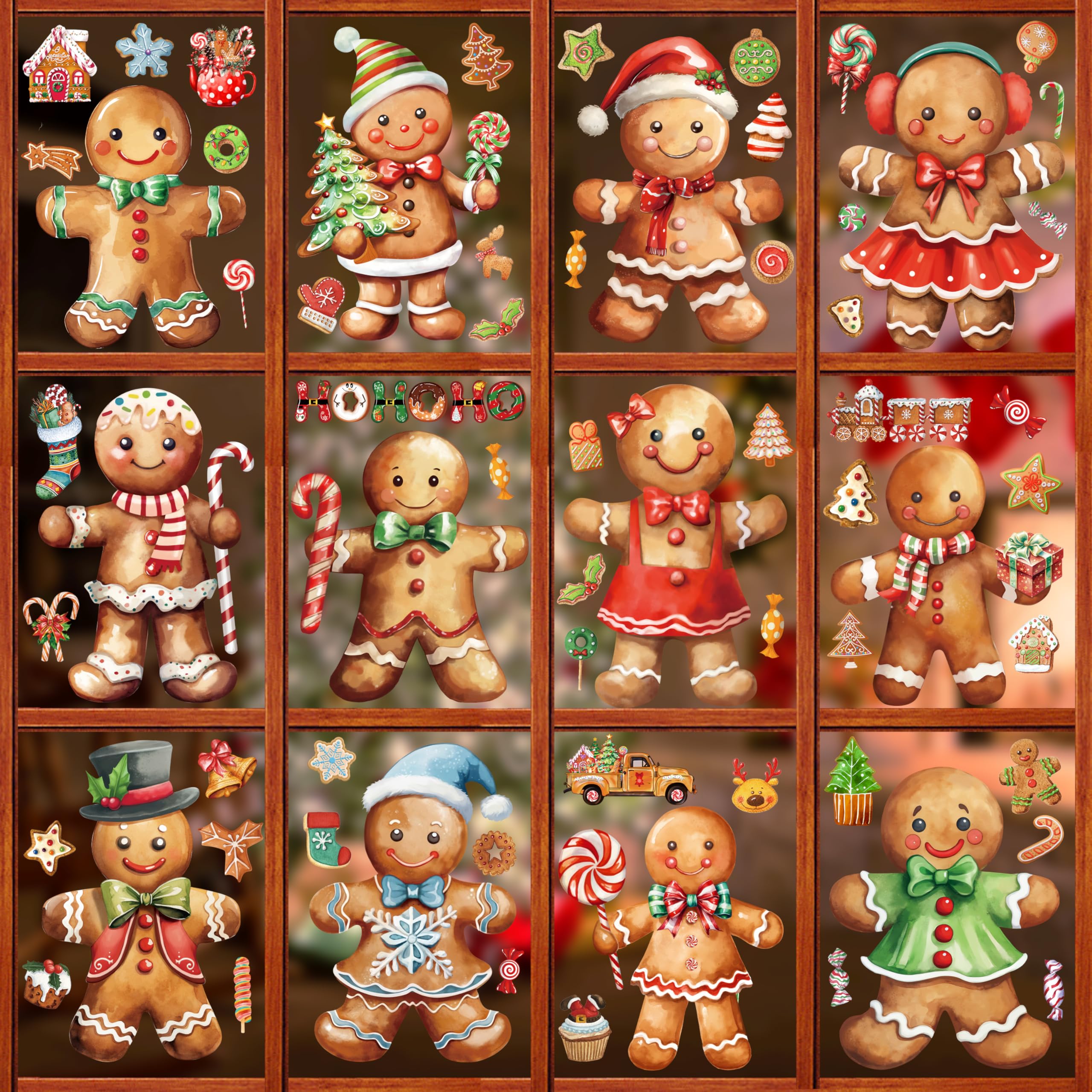 Photo 1 of 12 Sheets Christmas Window Clings, Xmas Gingerbread Candy Decals Stickers, Removable Holiday Decorations for Glass Windows, Home Office Decor