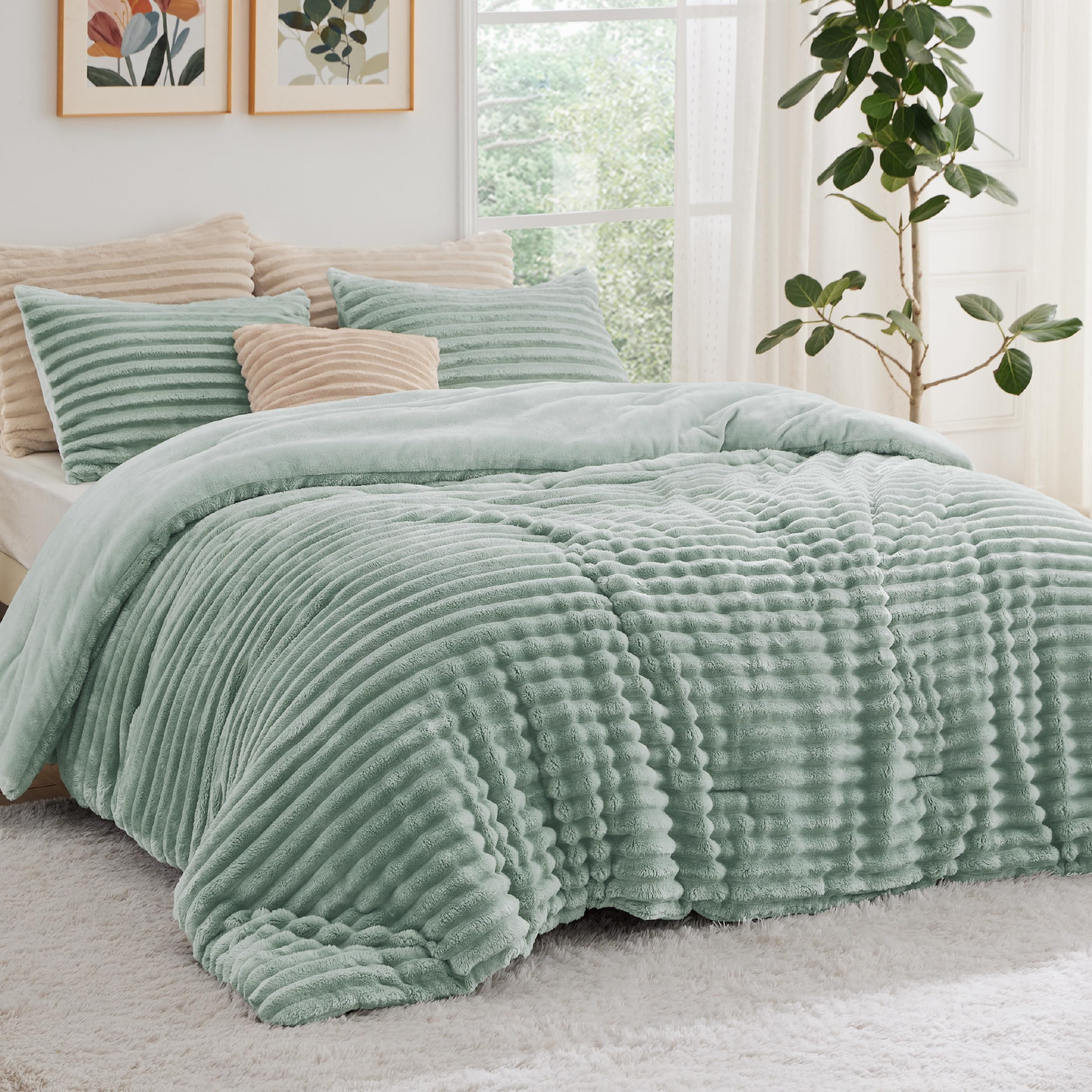 Photo 1 of Bedsure Fluffy Comforter Set Queen - Super Soft Faux Fur Comforter Queen Size Sage Green, Winter Warm Fleece Bedding Set, Plush Fuzzy Bed Set, 3 Pieces, 1 Shaggy Comforter with 2 Pillowcases