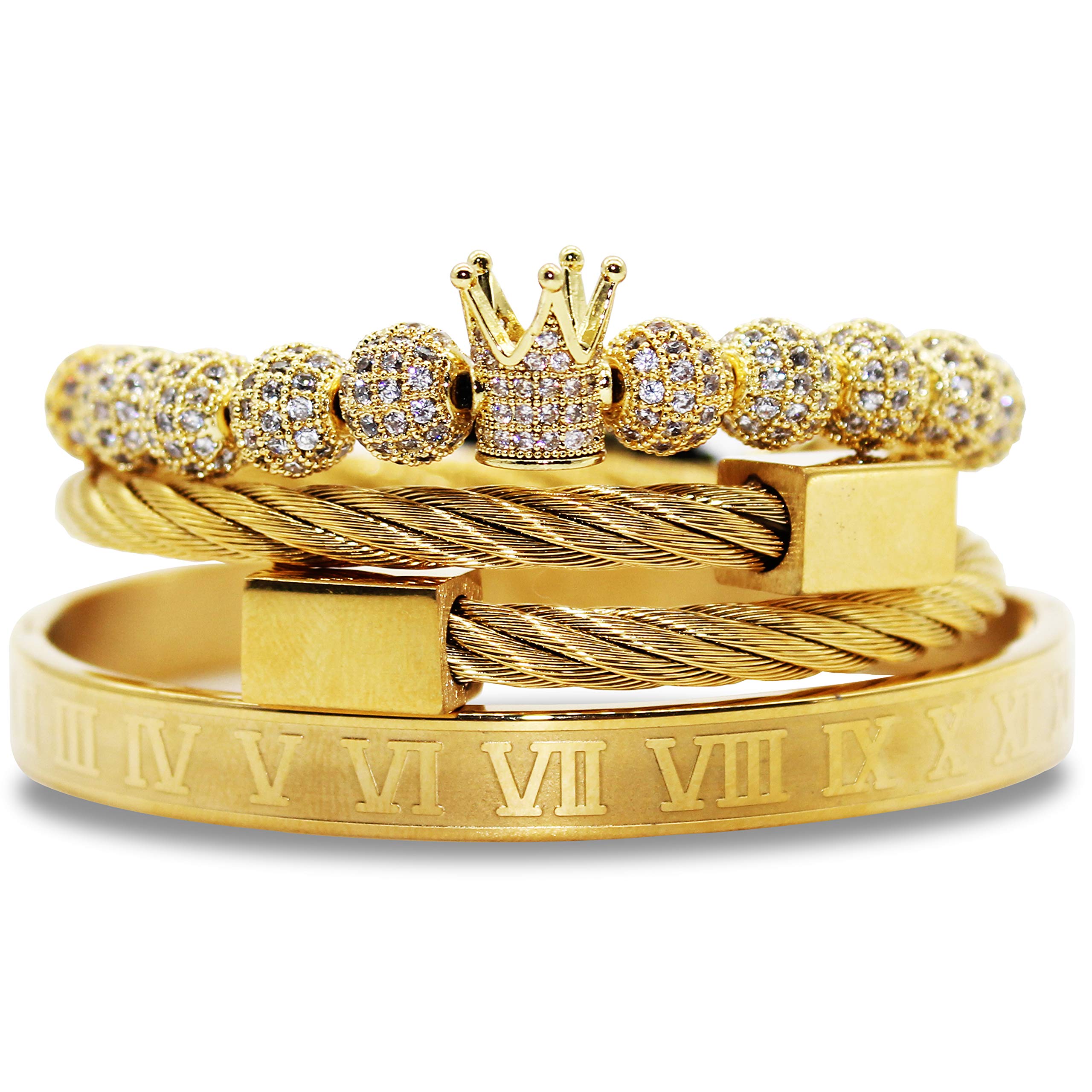 Cutenation Imperial Crown King 18K Gold CZ Beads Bracelet Luxury Charm Fashion Bangle for Men Women (E Gold)