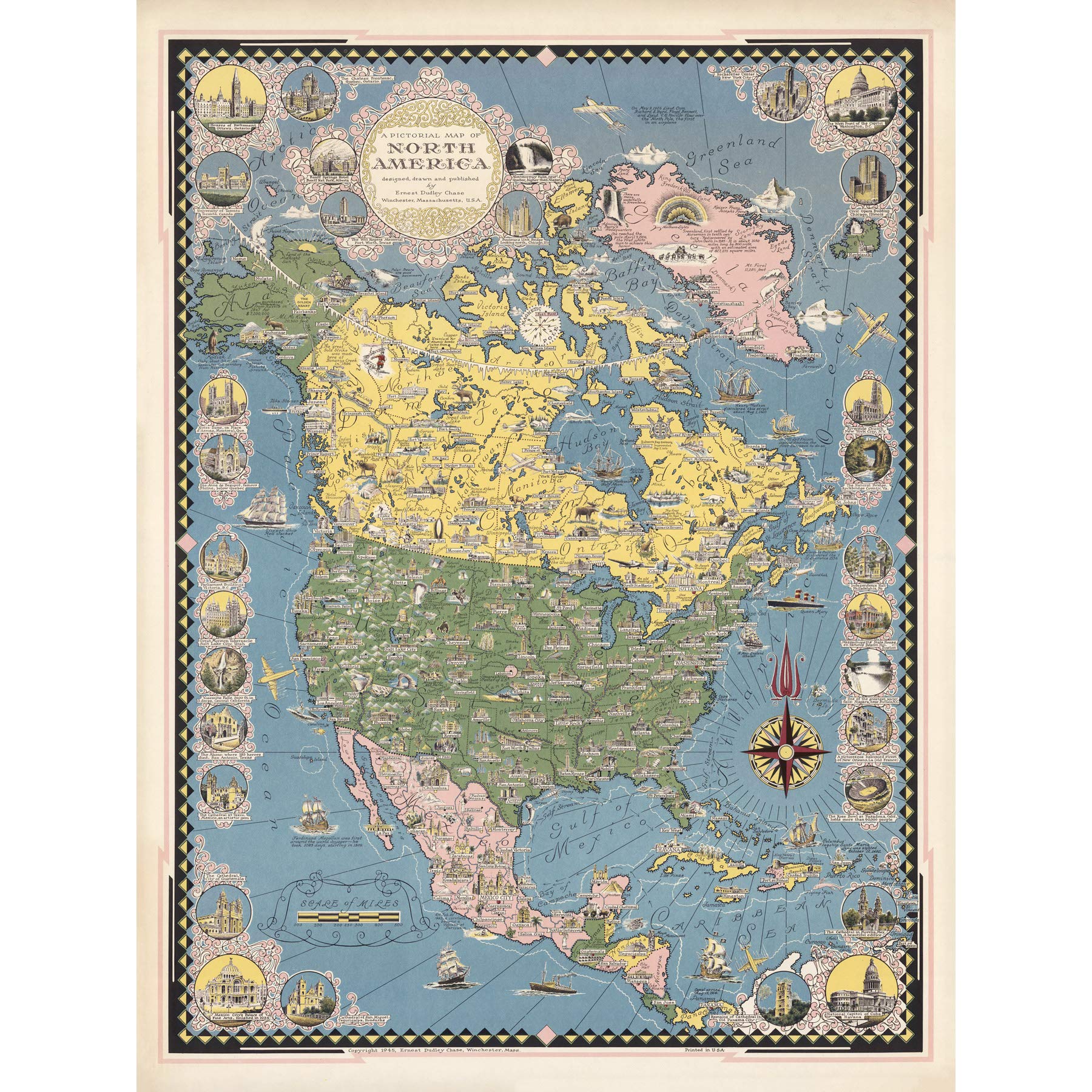 Artery8 1945 Ernest Dudley Chase Pictorial Map North America Large Wall Art Poster Print Thick Paper 18X24 Inch