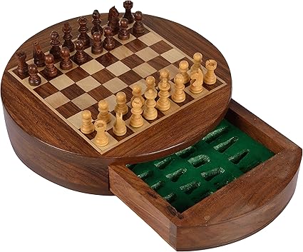 Iris 17.78 Cm Round Wooden Mini Travel Chess Set Game With Magnetic Chess With Storage Drawer In Solid Hard Rosewood