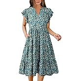Hount Women's Summer Casual Dress 2026 V Neck Ruffle Sleeve Midi Sundress Flowy Tiered Hawaiian Beach Dresses with Pockets