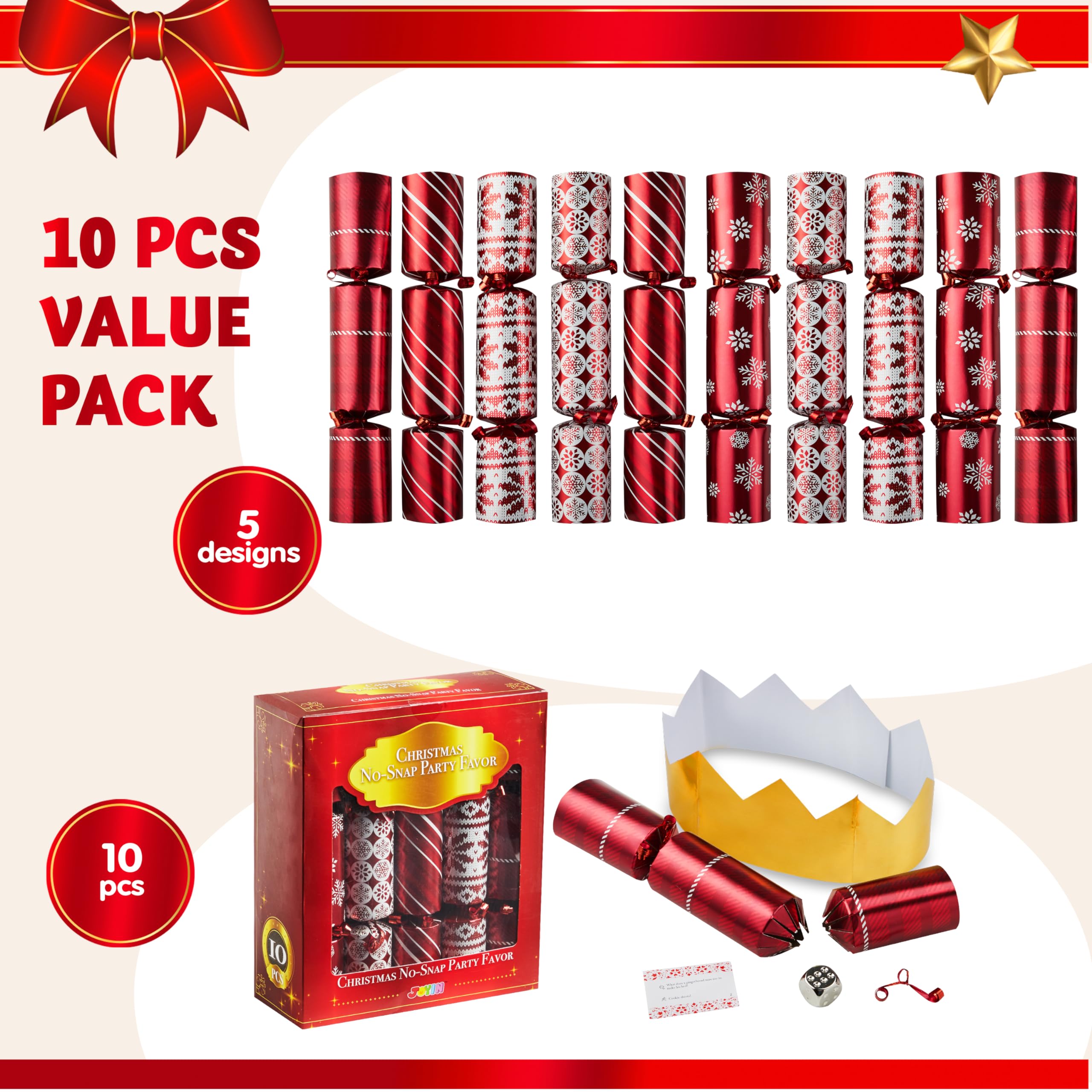 JOYIN 10 Pack Christmas Party Favor Non-Snap Red Deluxe Snowflake Design Party Table Favors with Holiday Party Favor Supplies for Kids and Adults, Christmas Parties, Dinners and Holidays