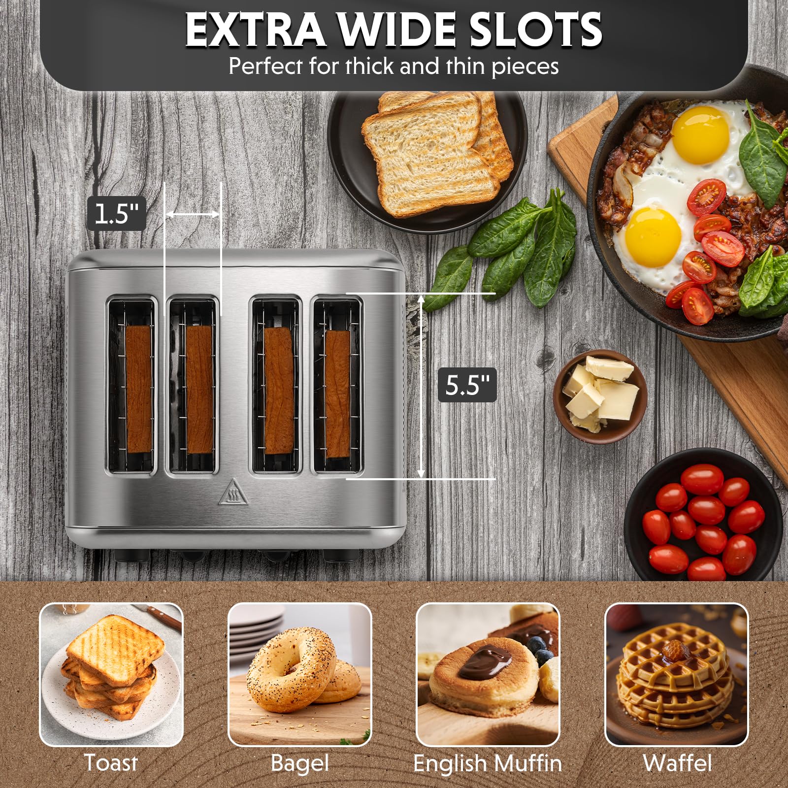 BUYDEEM DT440 Tostadora de 4 rebanadas, Tostadora de acero inoxidable con ranuras extra anchas para bagels, muffins, palanca de elevación alta, 6 configuraciones de sombra, plateado retro