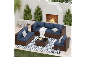 UDPATIO Patio Furniture Sets, Modular Rattan Outdoor Patio Sectional Furniture Sofa Set, Wicker Patio Conversation Set for Backyard, Deck, Poolside w/Side Table, 7pc Blue (Include Sofa Cover)