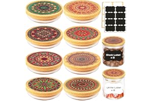 TBWIND 8 Pack Jar Lids Reusable Bamboo Mandala Pattern Lids with Silicone Sealing Rings and Yogurt Bottle Label,Suitable for Oui Yogurt Jars, Coffee Bean Jars, Spice Jars, Cookie Jars