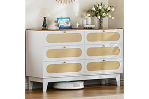 LegacyAmerhome 52''W Large Rattan Buffet Sideboard Cabinets with Charging Station, 6 Drawers Storage, Ideal for Living Room, Coffee Bar, or Wine Bar – White & Brown