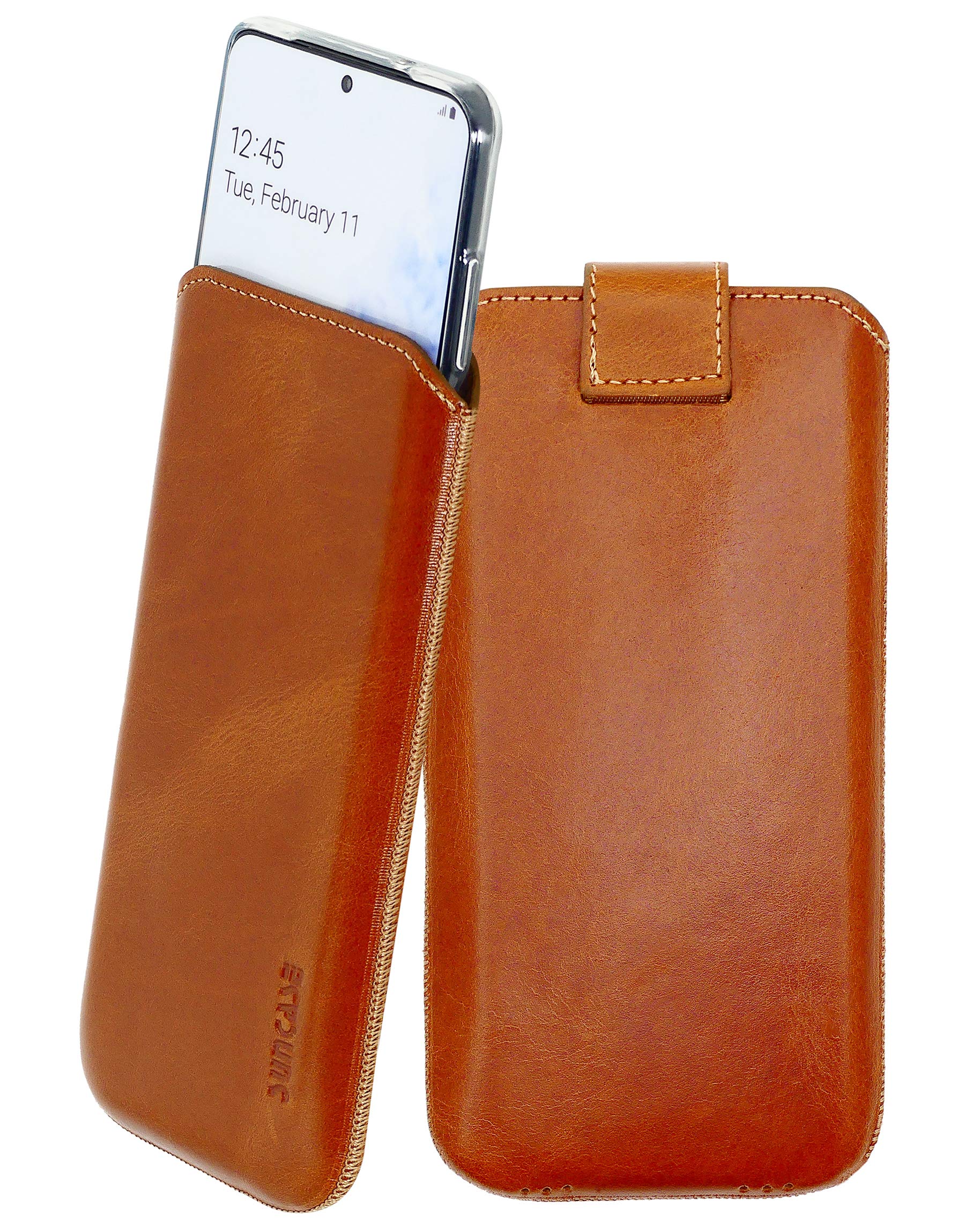 Suncase Mobile Phone Case Compatible with Samsung Galaxy S20 with Additional Case / Shell / Bumper / Silicone *Pull Up Tab Feature * Mobile Phone Leather Protective Case in Cognac