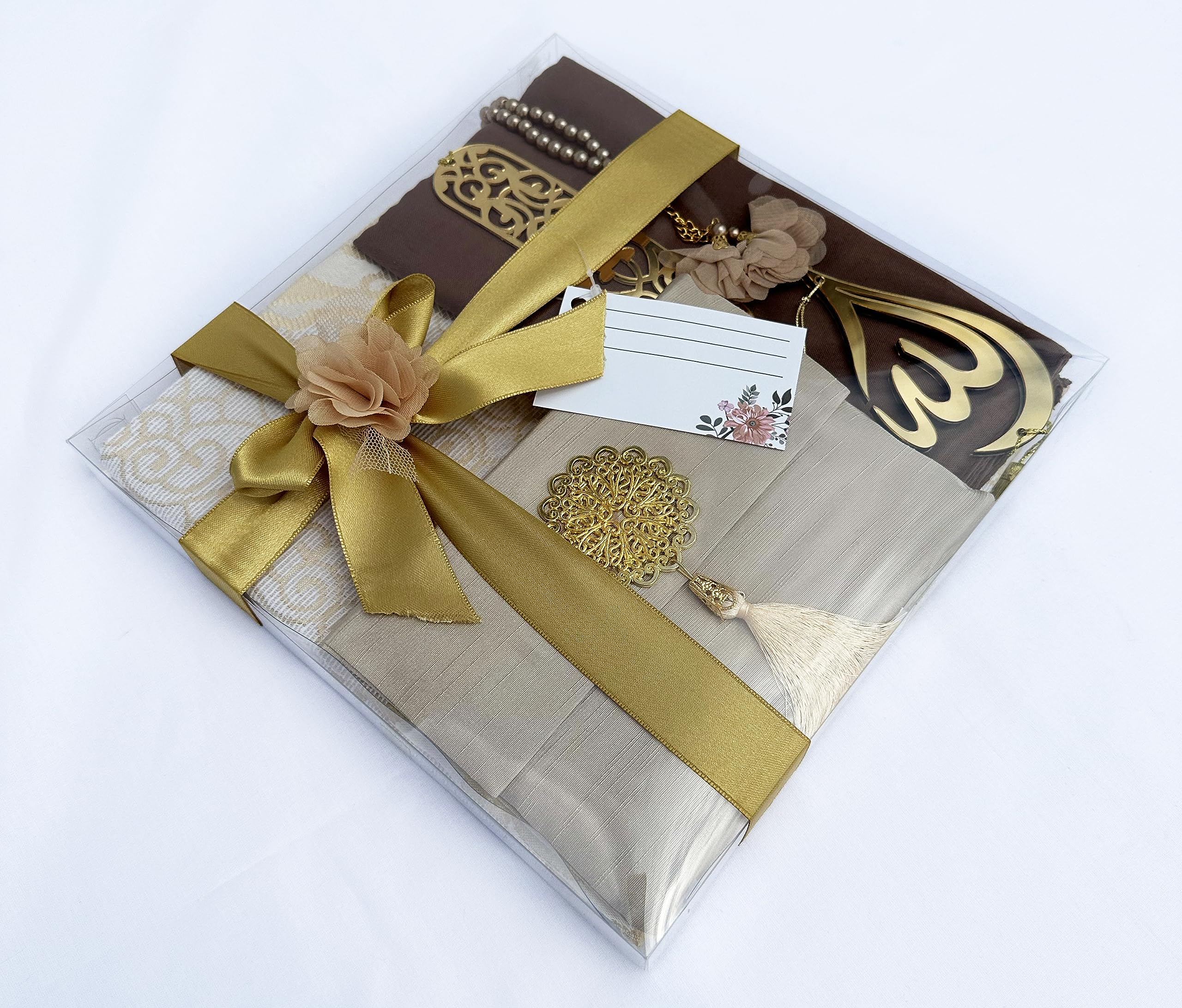 RAMSE Muslim Prayer Rug, 7 In One Gift Set, Prayer Mat Surah Book, Tasbeeh, Scarf, Surah Case, Bookmark, Car Mirror Hanger, Prayer Beads,Islamic Gift for Umrah, Hajj, Wedding, Janamaz (GOLD)