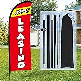 Buryeah Now Leasing Feather Flag Pole Kit 7ft Now Leasing Banner Sign with Flag Pole Kit and Ground Stake and Portable Bag for Real Estate Advertising Business Outside(Red)