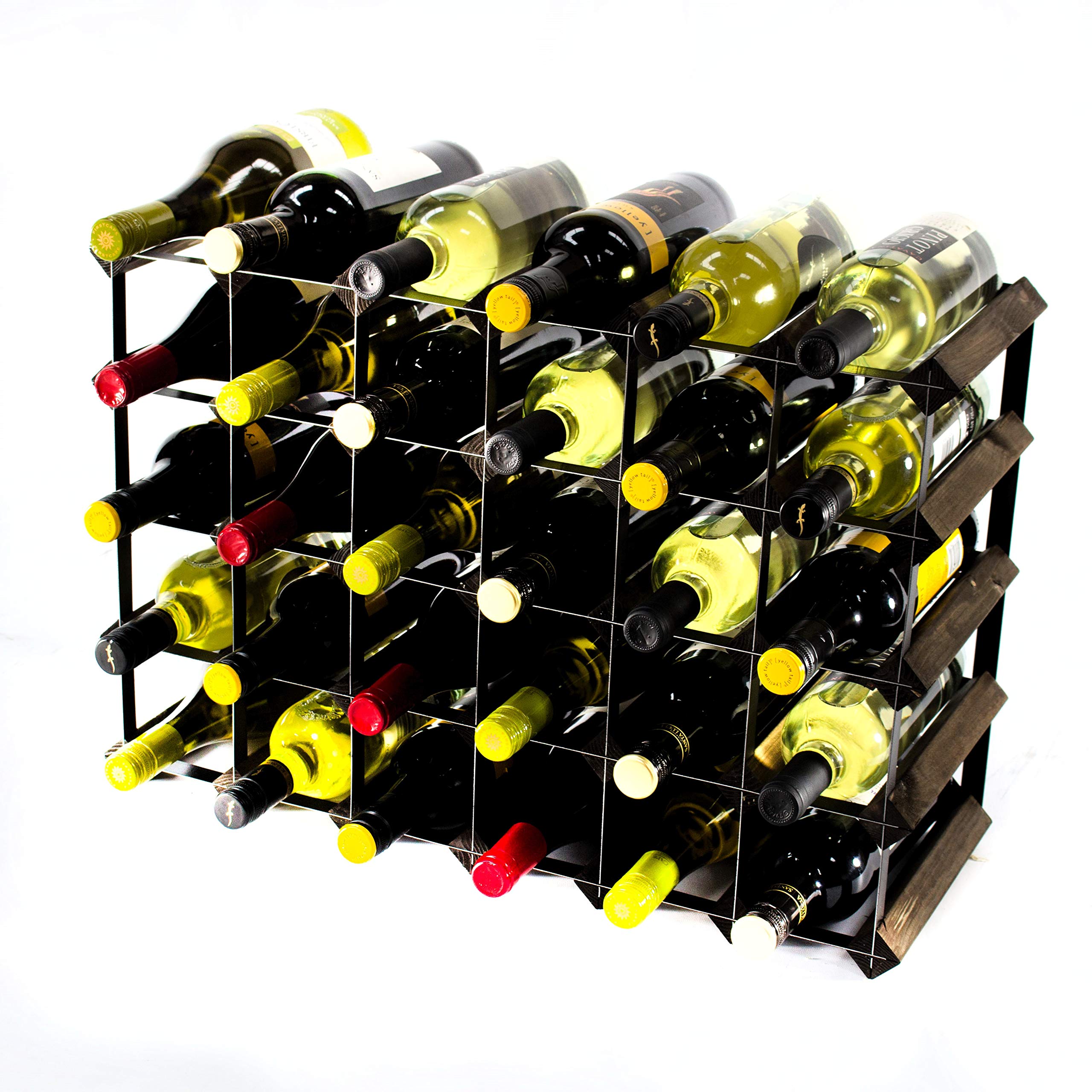 Classic 30 (6x4) Bottle Dark Oak Stained Wood and Black Metal Wine Rack Ready Assembled