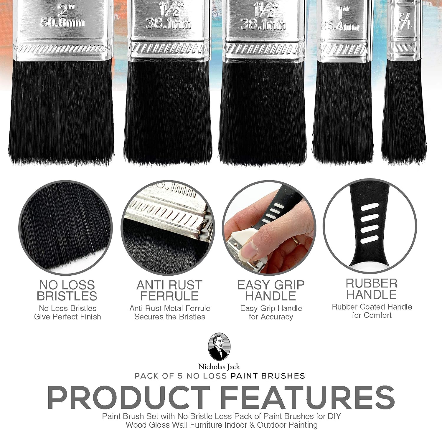 Paint Brush Set with No Bristle Loss Pack of Paint Brushes for DIY Wood Gloss Wall Furniture Indoor & Outdoor Painting - Free Decorating Guide (Set of 5 Paint Brushes) - Image 5