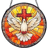 TNUW Christian Cross Bird Stained Glass Window Hanging, Cross Pigeon Bird Sun Catchers Indoor Window Glass Round Wall Art Decor, Religious Christian Wall Hanging Decorations, 7.9"x7.9"