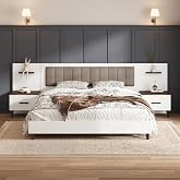 Merax King Bed Frame with Built-in Nightstands &amp; Storage, Wood Platform Bed | 123.82" Wide Upholstered Headboard, 2 Storage Drawers &amp; Shelves, Contemporary Style, Bear 800LBS, No Box Spring Needed