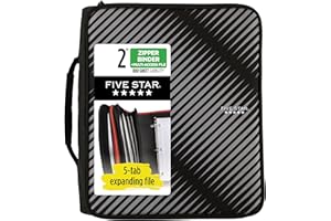 Five Star Zipper Binder, 2 Inch 3-Ring Binder with Round Rings, 5-Tab Expanding File, 380 Sheet Capacity, Black (72536)