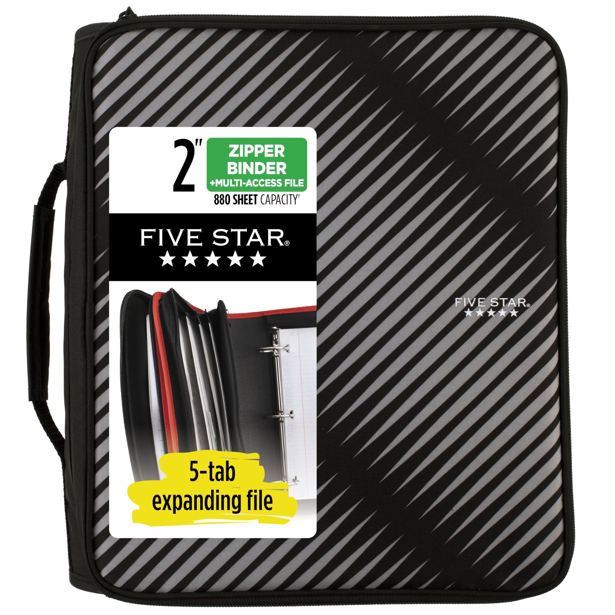 Photo 1 of Five Star Zipper Binder, 2 Inch 3-Ring Binder with Round Rings, 5-Tab Expanding File, 380 Sheet Capacity, Black (72536)