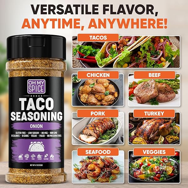 TACO SEASONING MIX ONION POWDER – GLUTEN FREE & LOW SODIUM MEXICAN SEASONING BLEND FOR TACO TUESDAY NIGHT. ONION SALT SPICES MIX FOR FAJITA & BURRITO. MEAT, CHICKEN & FISH TACOS SEASONINGS. 4.7OZ