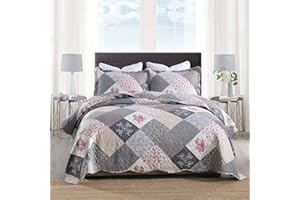 HoneiLife Quilt Set Queen Size - 3 Piece Microfiber Quilts Reversible Bedspreads Patchwork Coverlets Floral Bedding Set All Season Quilts-Grey Rose,Queen/Full Size