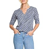 NIC+ZOE Womens Mixed Stripe Ruched Sleeve Tee